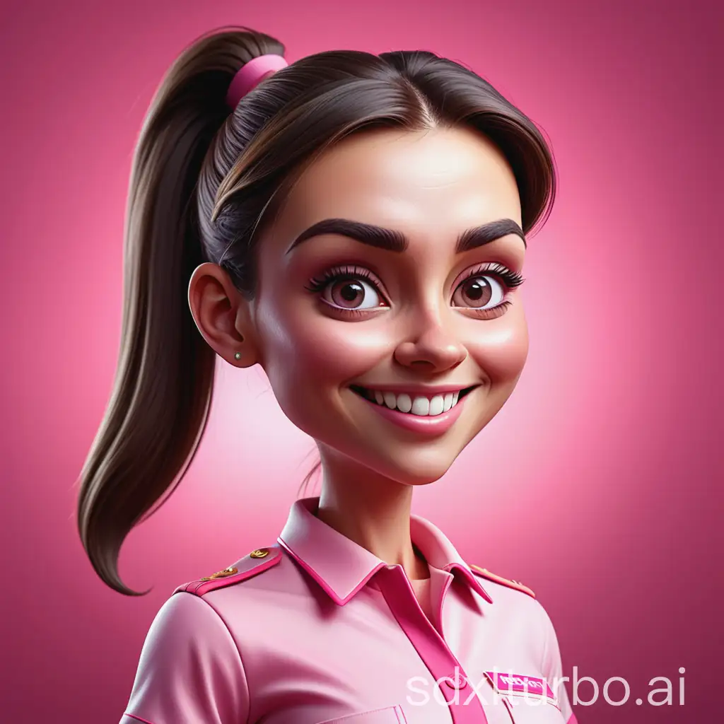 Realistic-3D-Cartoon-Style-Caricature-of-a-Woman-in-Pink-Uniform-with-Ponytail