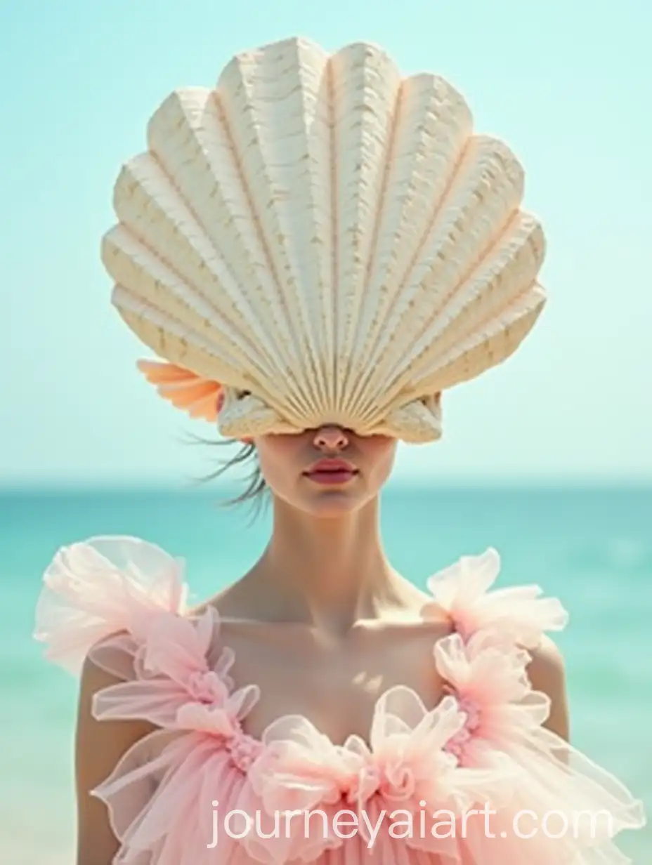 High-Fashion-Model-with-Shell-Head-in-Pastel-Sea-Background