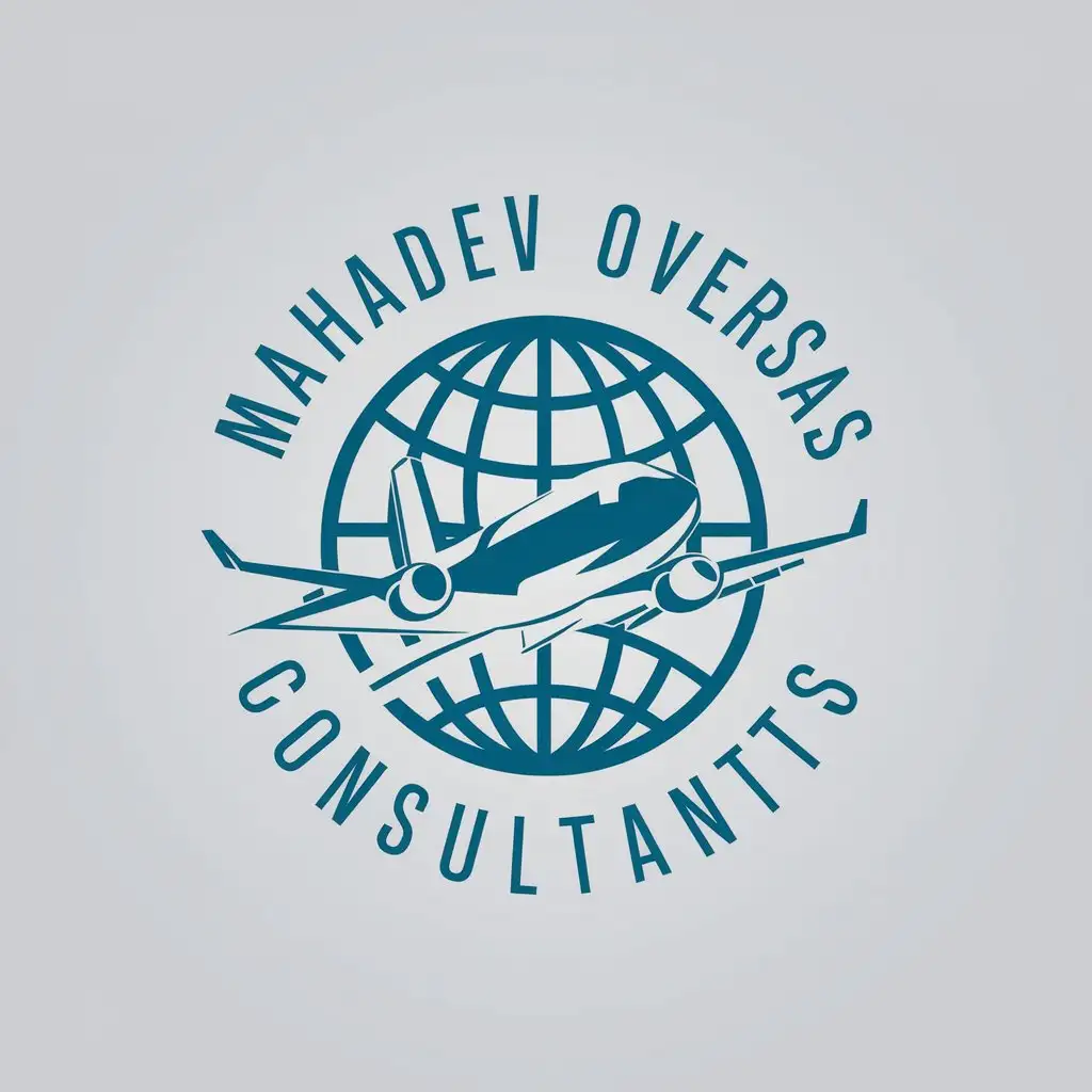 a vector logo design,with the text "Mahadev Overseas Consultants", main symbol:Airplane and globe,complex,be used in Travel industry,clear background