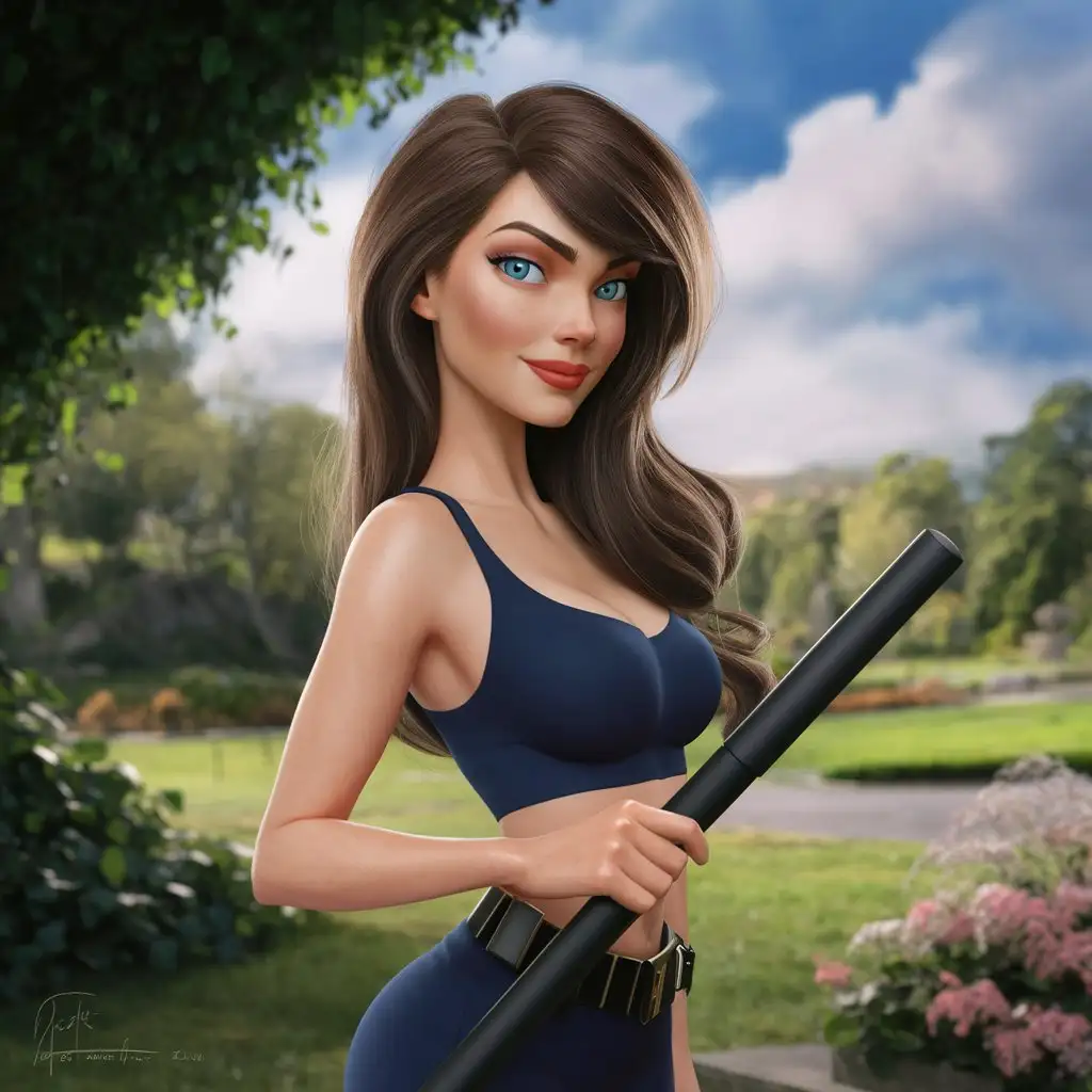 Cartoon-Woman-with-Police-Baton-in-Park-Setting