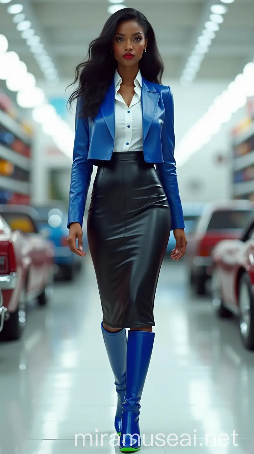 Very detailed photo realistic, short petite black 50 year old woman, long black wavy hair, wearing a cropped royal blue leather suit jacket without lapels, she is wearing a very tight and constricting black leather bodycon knee length pencil skirt with empirer waist, she is wearing royal blue thigh high leather stiletto heel boots covered by her skirt with vivid green soles, standing in a white brightly lit diecast car store, serious expression, red lipstick, tight fitting tapered white oxford shirt buttoned to the top