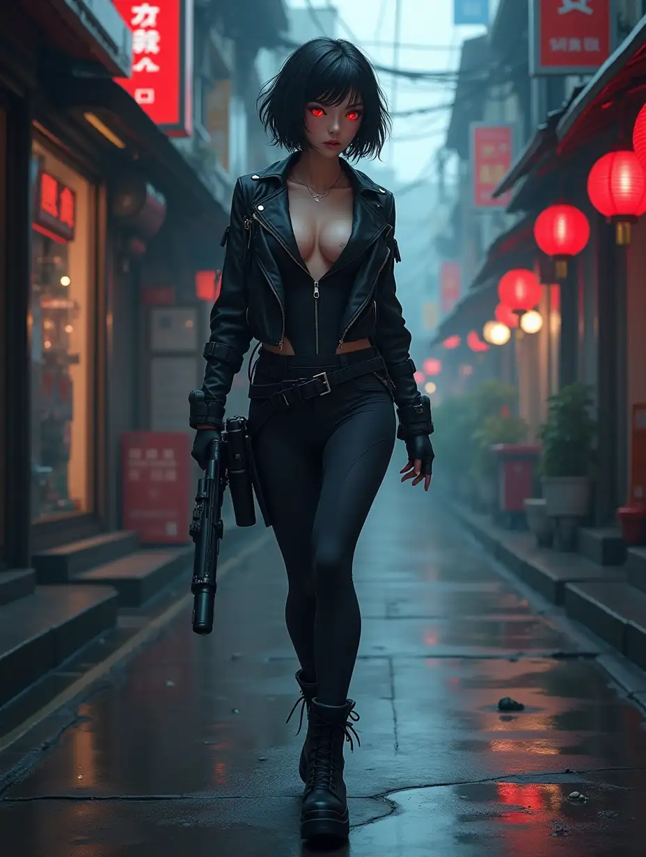 Short hair, mature Asian woman thief cyber runner in a dynamic full-length pose, eyes with red electronic pupils, large breast, extreme skintight body glove zipped down with cleavage, combat boots and combat belt. Full view of her body from boots up, low wide angle. Future store filled city alley street. Anime