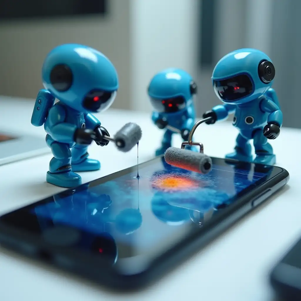 A smartphone takes up 2/3 of the frame. Tiny humanoids in bright blue jumpsuits are working on the screen. One uses a tiny roller, another holds a micro-fan for drying, and the third controls the process with a magnifying glass which reflects light.