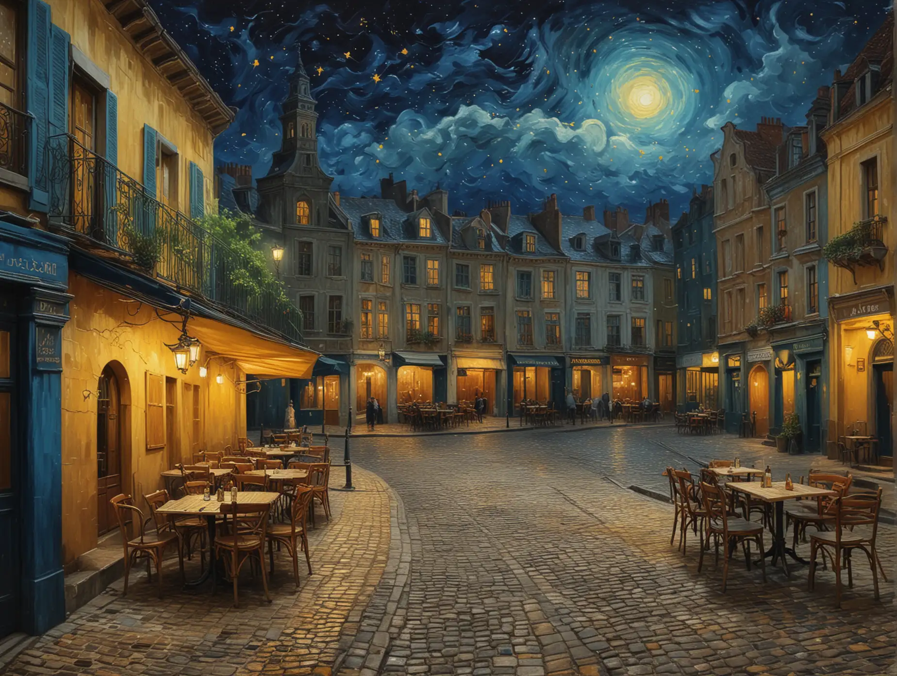 Create an image of a lively night scene in a European town square, closely resembling Vincent van Gogh's 'Café Terrace at Night.' The scene should feature a cozy café bathed in warm, golden light, with tables and chairs arranged on a cobblestone street. The buildings should have thick, bold outlines and vibrant colors, particularly deep blues and yellows, using expressive, swirling brushstrokes. The sky should be a deep, textured blue with swirling patterns, dotted with stars, embodying Van Gogh's distinctive style. The entire composition should feel dynamic and textured, with exaggerated forms and intense colors that evoke the emotional depth of Van Gogh’s work.