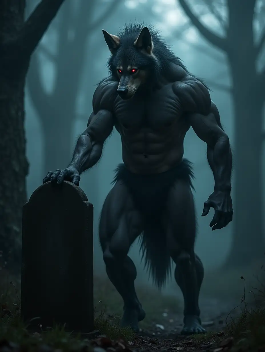 A dangerous athletic 20 year old wild Werewolf, with bulging six pack abs and pecs, his body covered in silky fur and his shiny skin, standing with a paw on a tombstone in a misty cemetery of a ruined abbey by night, full frame, realistic photography, high precision and 4K definition.