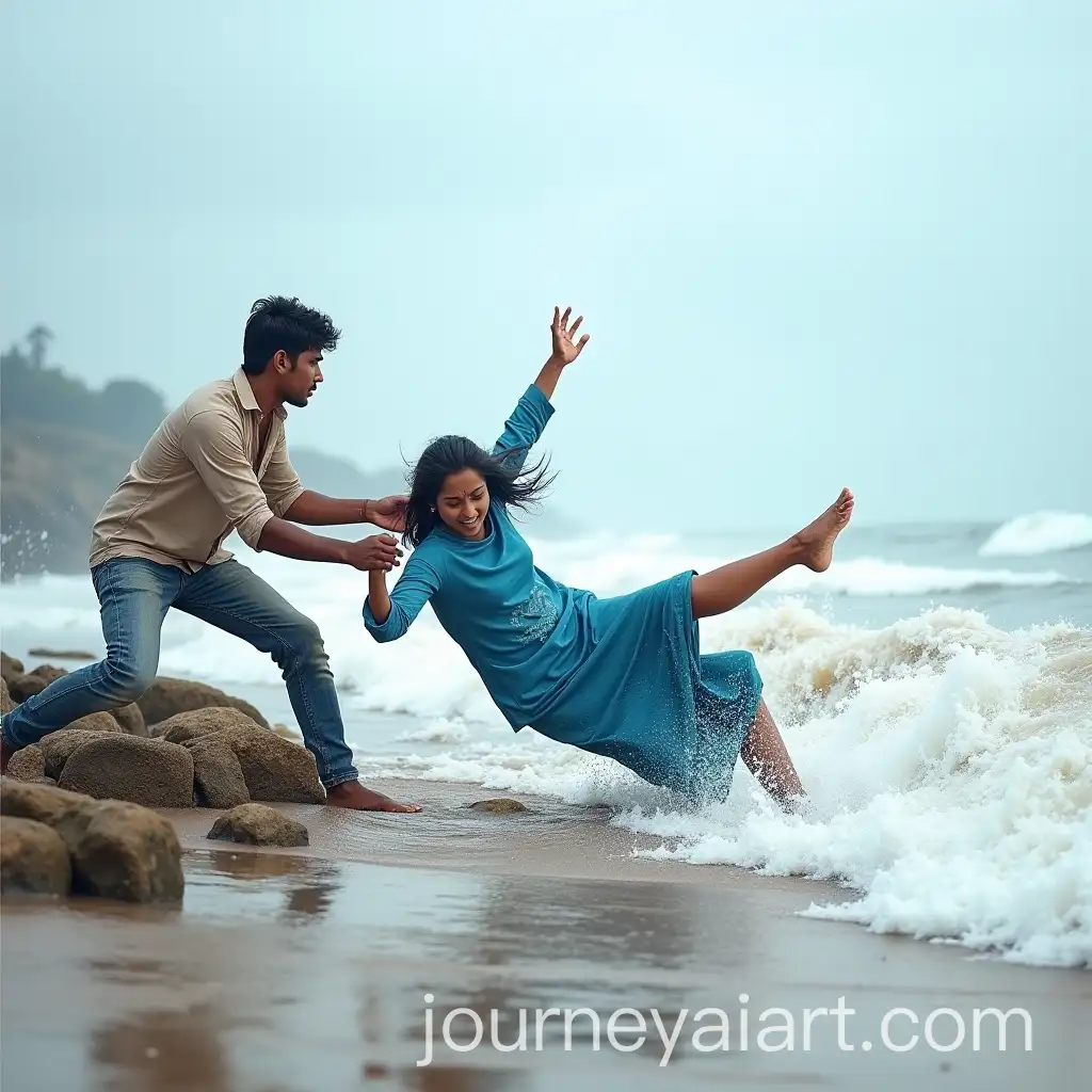 Dramatic-Rescue-Young-Indian-Couple-Struggle-Against-Massive-Wave-on-Rocky-Beach