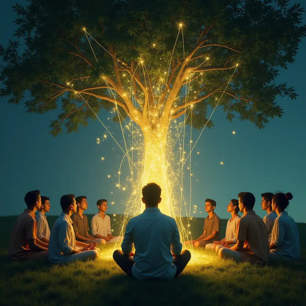 A man sitting under a tree is surrounded by other men and women. All of them are connected by luminous threads. The threads come from the center of everyone's body