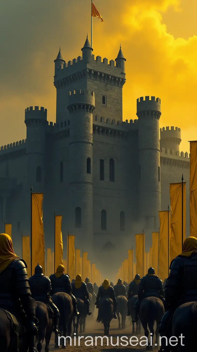 Ancient Black Fortress with YellowClad Warriors and Dramatic Smoke