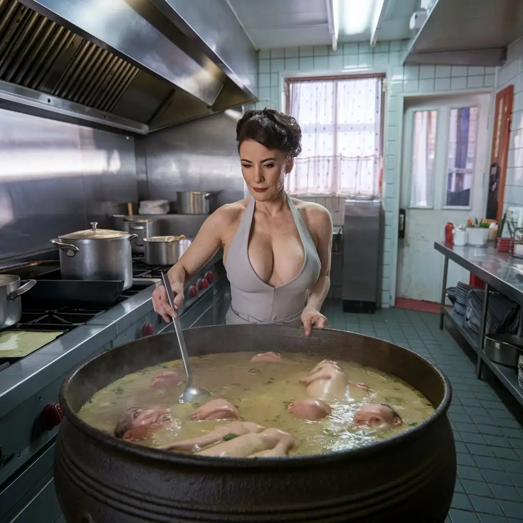 Mature-Latina-Cook-Stirring-Soup-in-a-Modern-Kitchen-of-a-Cheap-Eatery