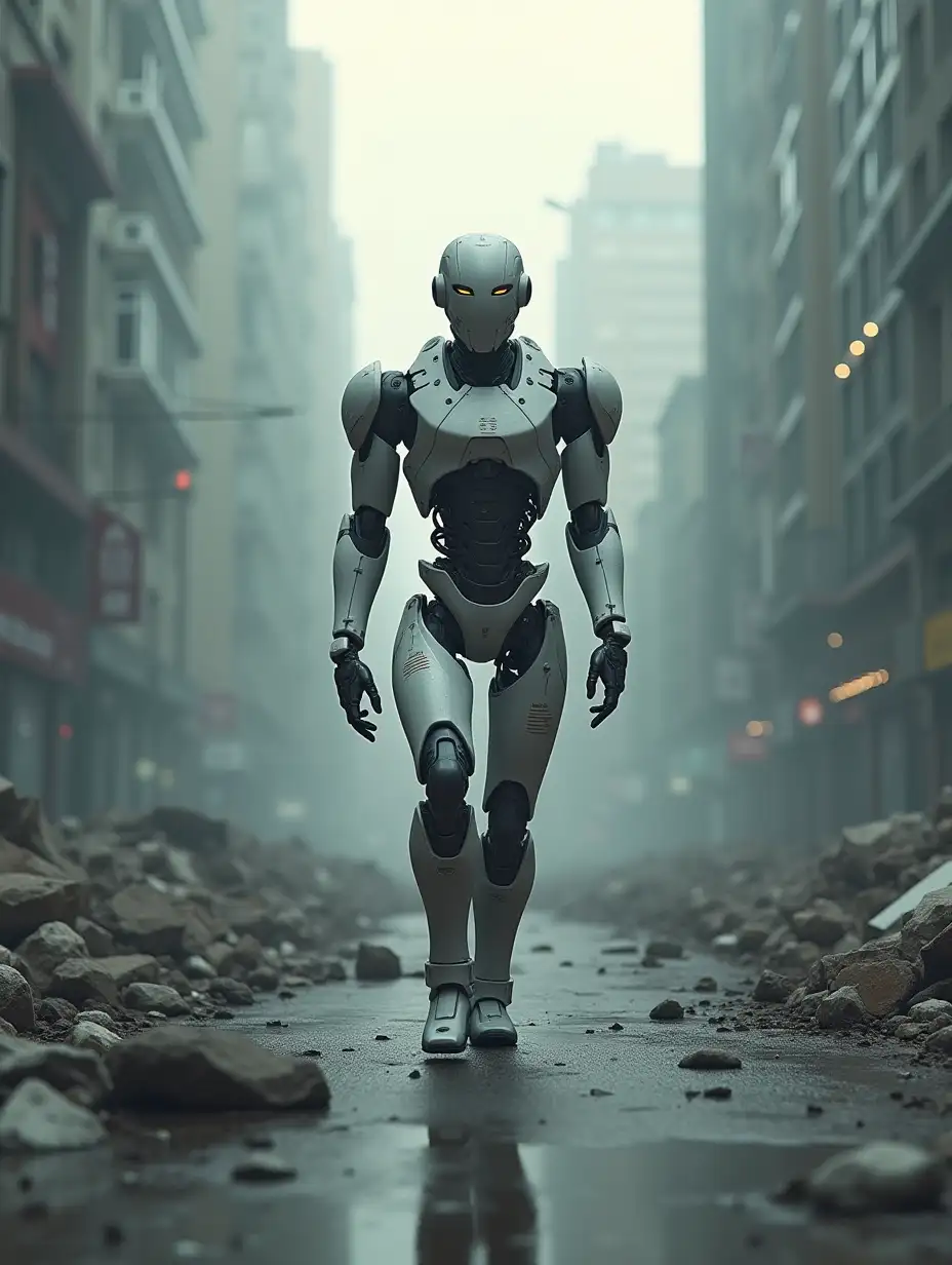 A futuristic robot, walking in a street of a big city destroyed by war. Atmosphere melancholy.