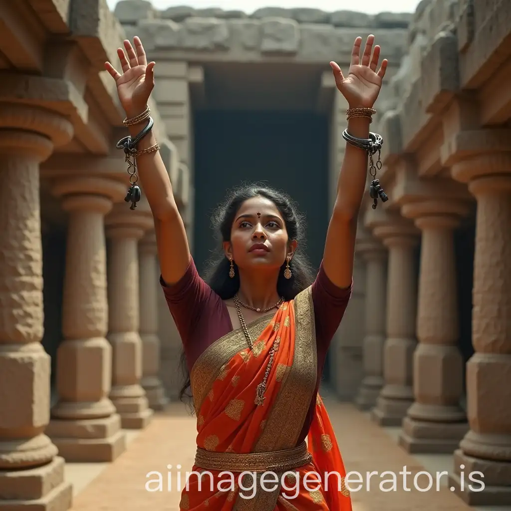 Modern-Tamil-Woman-in-Handcuffs-Standing-in-Ancient-Rock-Palace