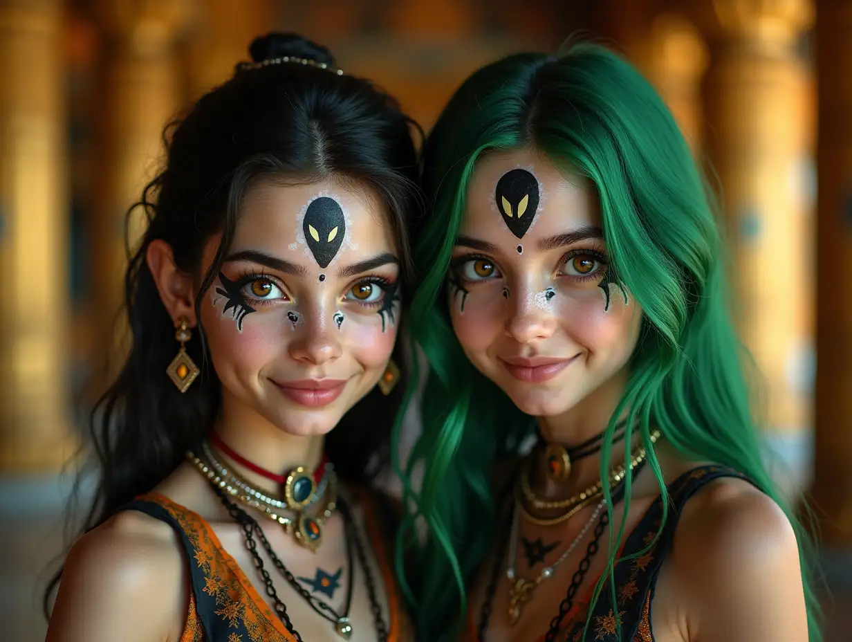 Two young girls with black and white patterns, alien face, with green hair, with a slight smile on their faces, accentuating their smile, modern retro jewelry, in a temple with lots of gold in various shades 4k