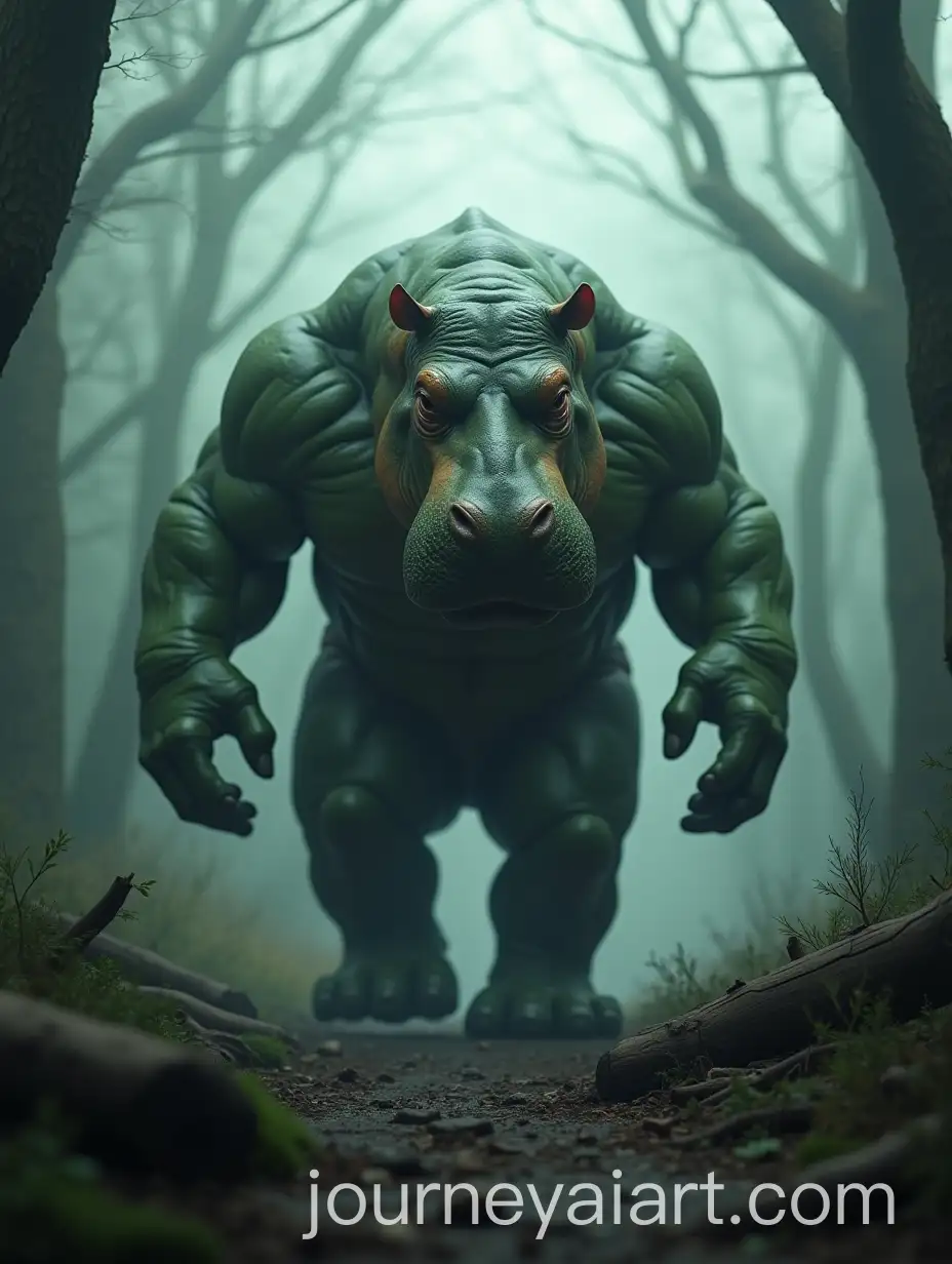 Terrifying-HulkHippo-Hybrid-with-Dark-Green-Scars-in-Foggy-Forest