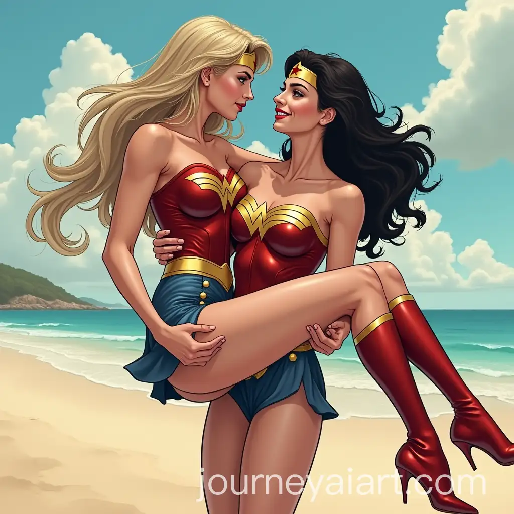 Supergirl-Carrying-Wonder-Woman-in-Princess-Carry-on-a-Beach