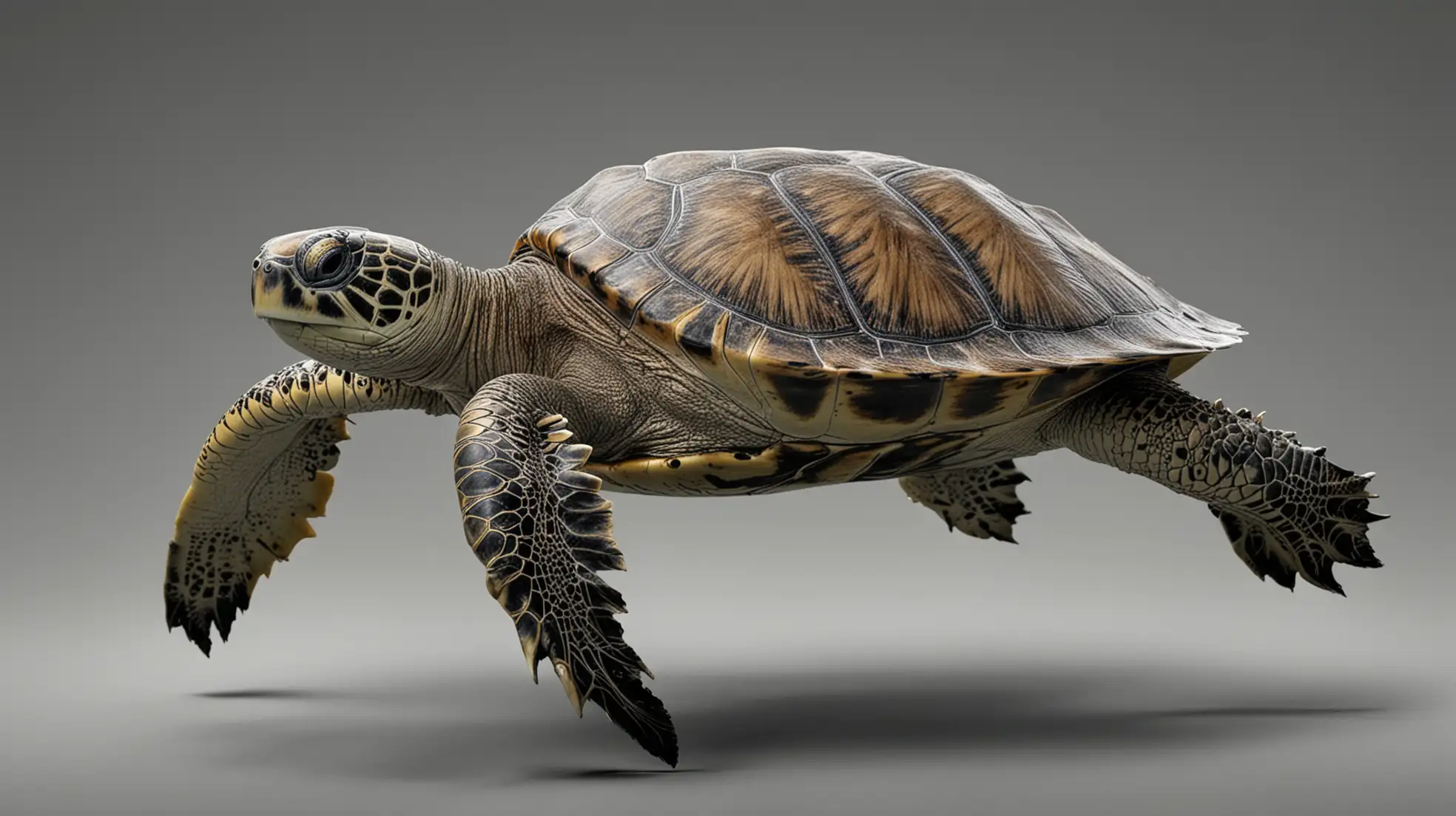 ultra-realistic, high-definition image of " Full Image of sea turtle " Studio Mid Shot, Gray background.