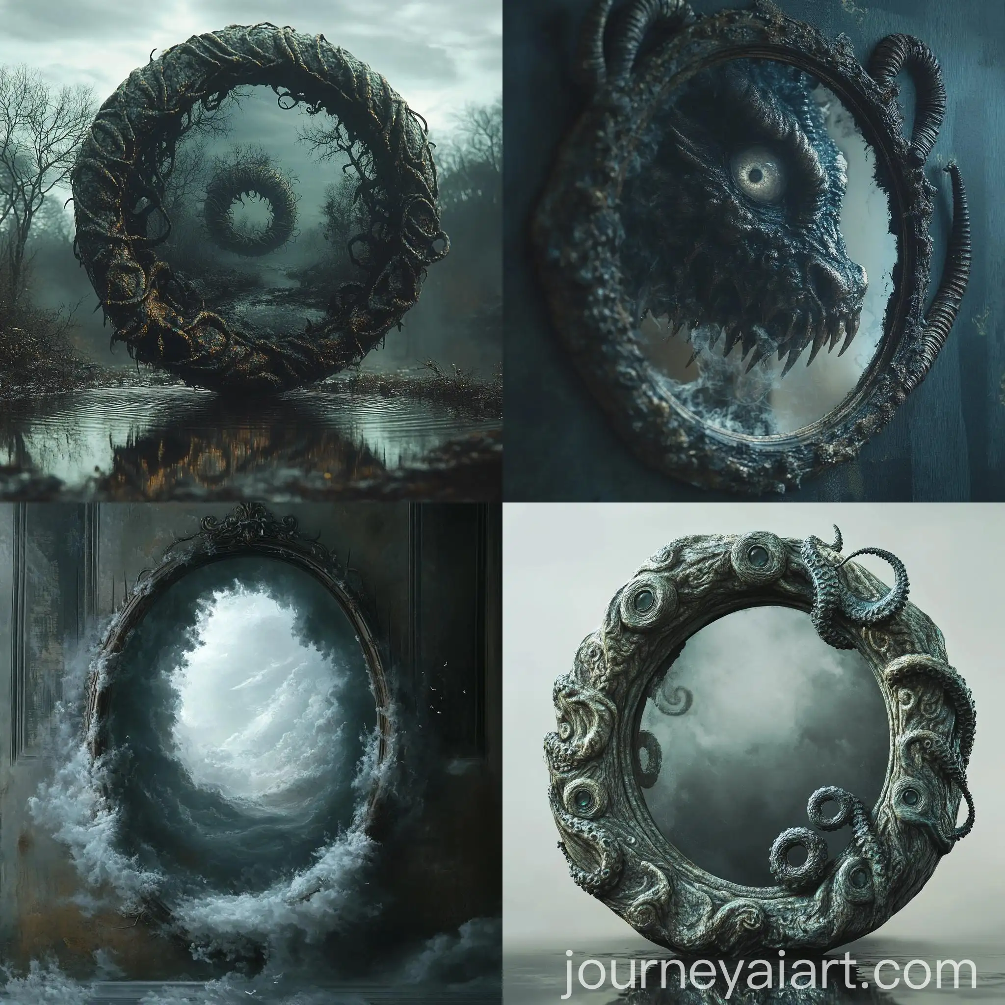 Dystopian-Fantasy-Mirror-with-Desaturated-Colors-and-HyperRealistic-Animal-Illustrations