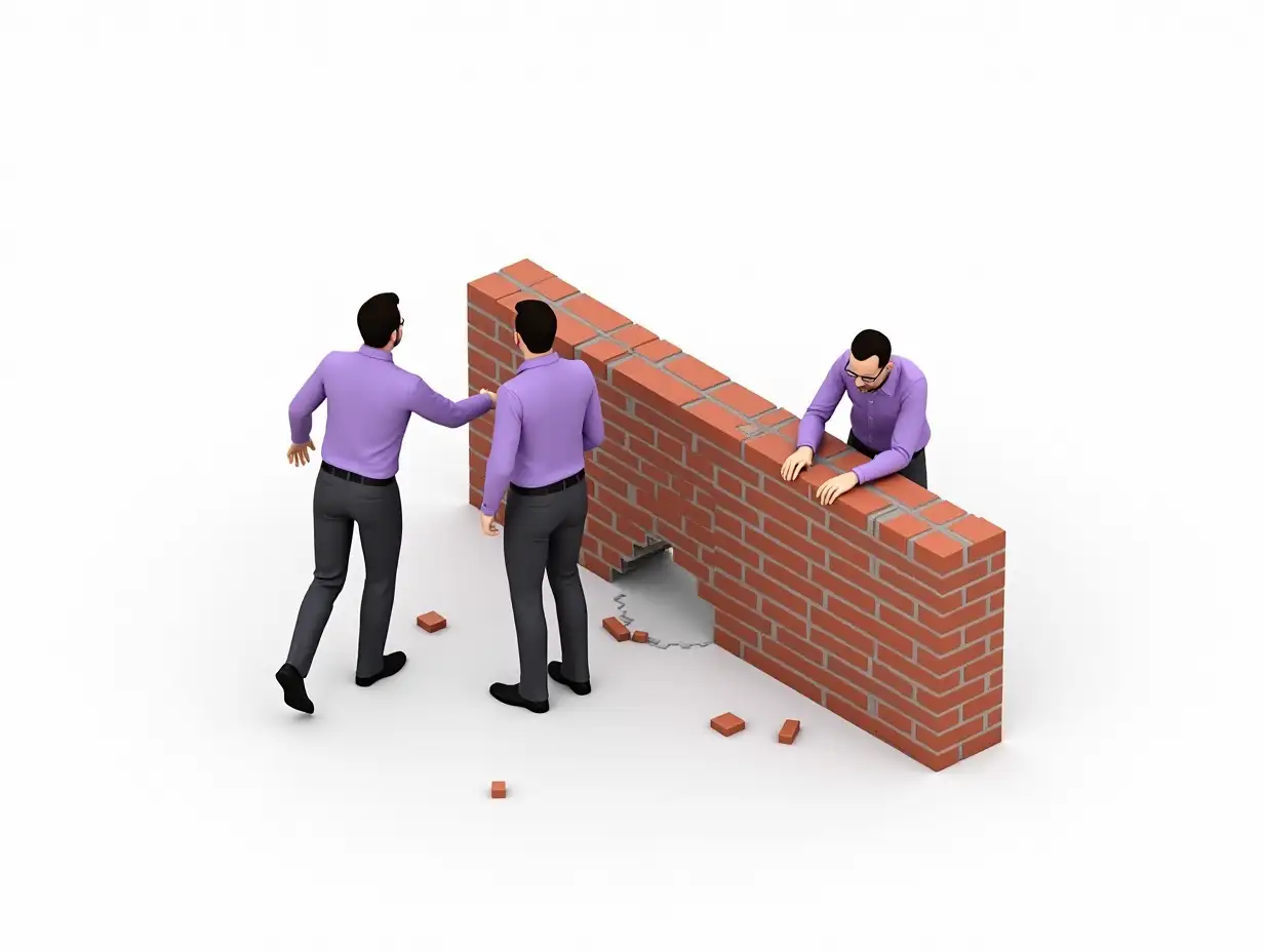 Three-Men-Inspecting-and-Repairing-Damaged-Brick-Wall-in-Formal-Attire