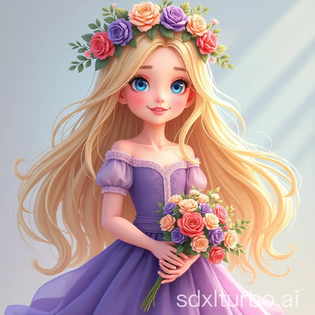 Girl-with-Long-Blonde-Hair-and-Blue-Eyes-in-Purple-Dress-with-Flower-Wreath-and-Bouquet