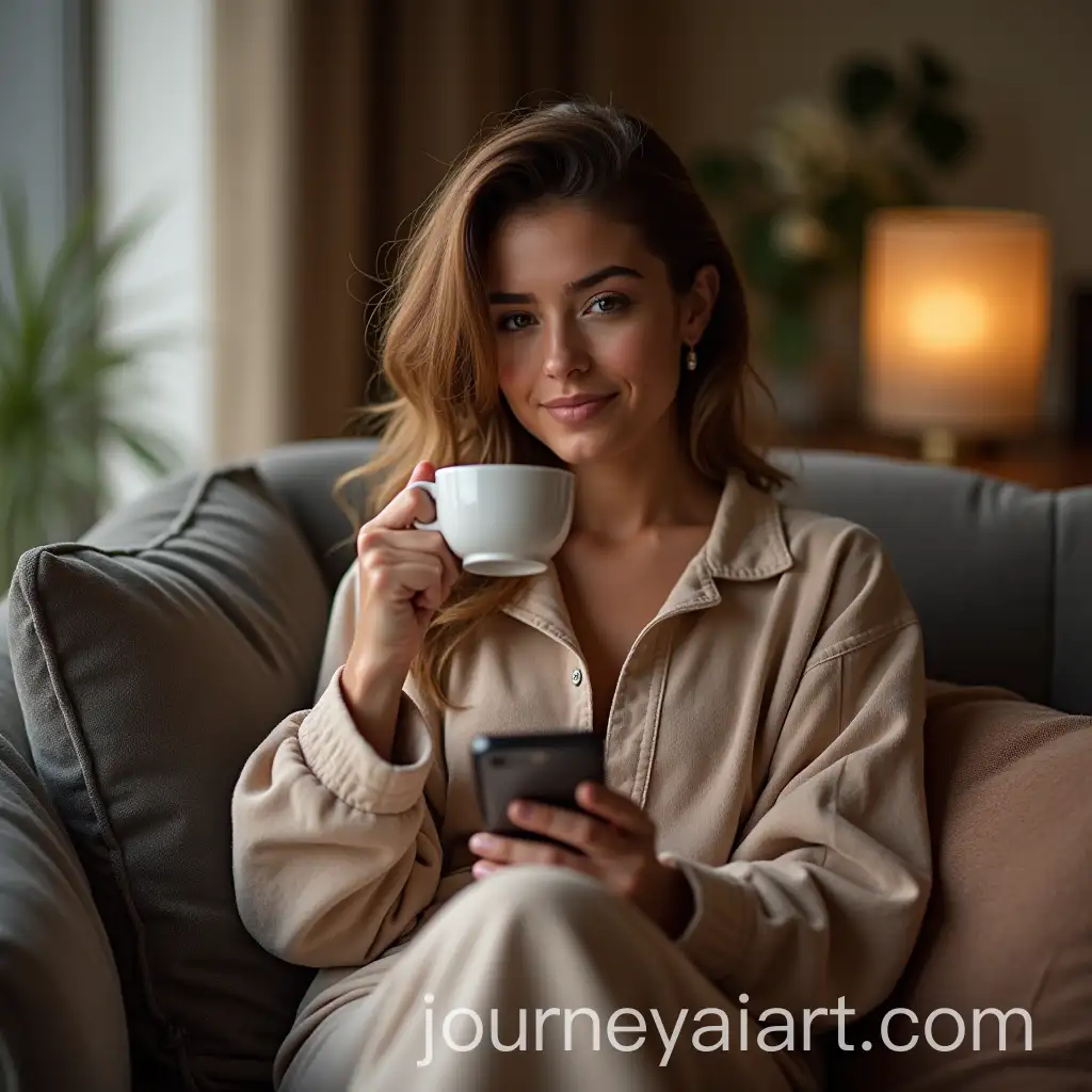Confident-Young-Woman-in-Trendy-Loungewear-Relaxing-on-Couch-with-Coffee-and-Phone