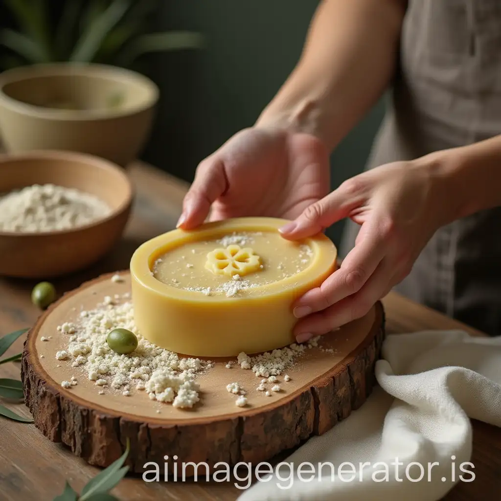 images of a person making olive soap naturally