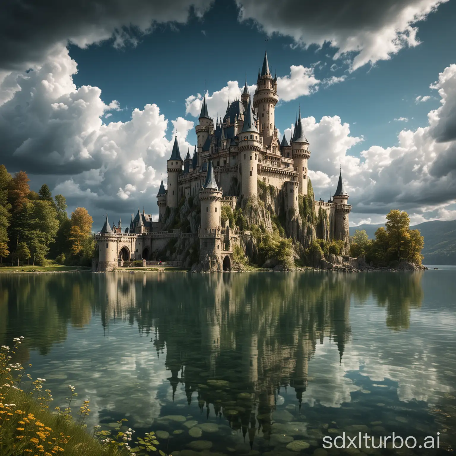 Fantasy-Castle-by-the-Lake-Under-a-Cloudy-Sky