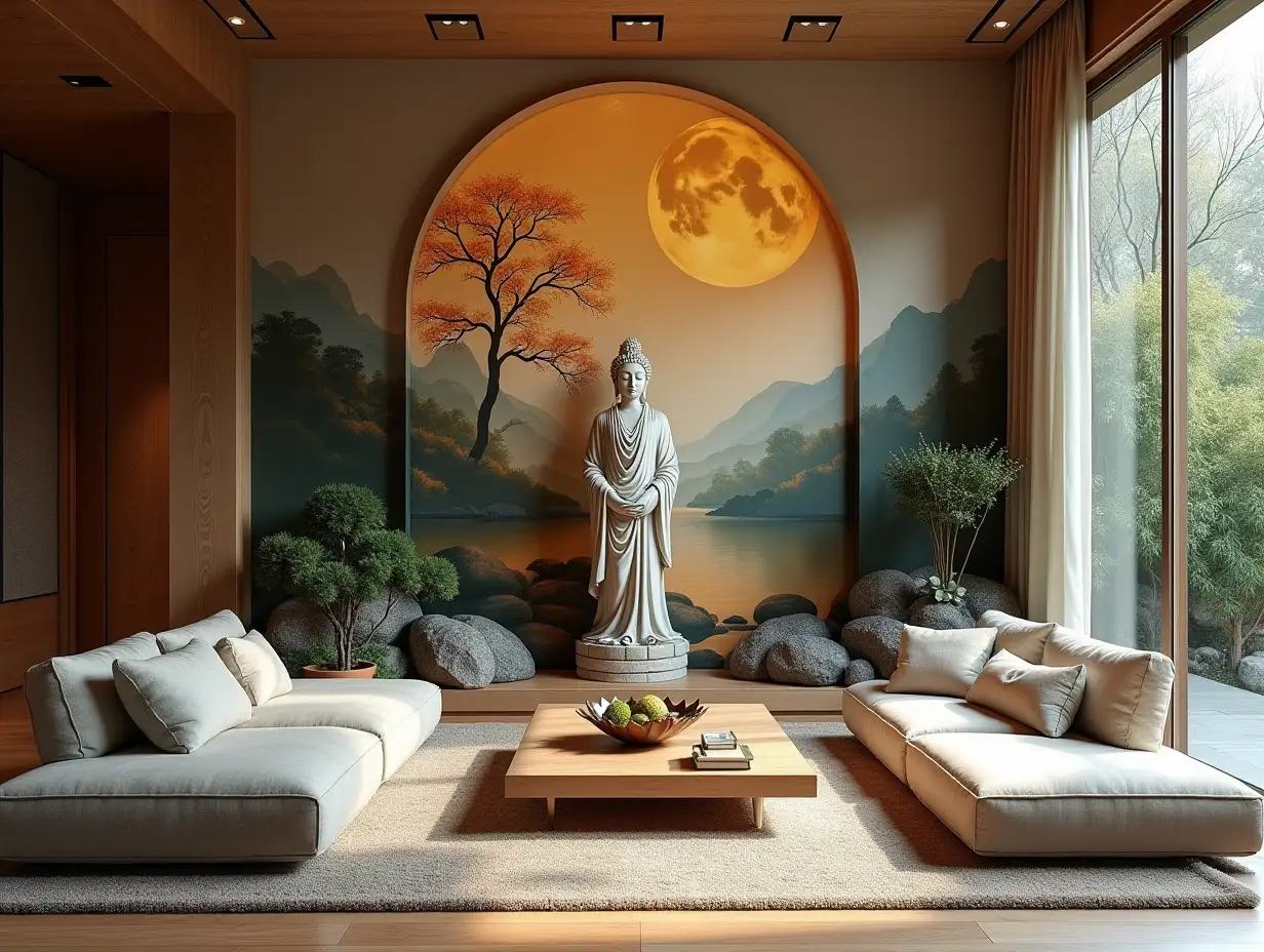 Large, luxurious living room with artistic statue. With artistic painting wall Zen garden carefully tended rocks, a meditative 180 degrees panorama shot 8K resolution Colorful