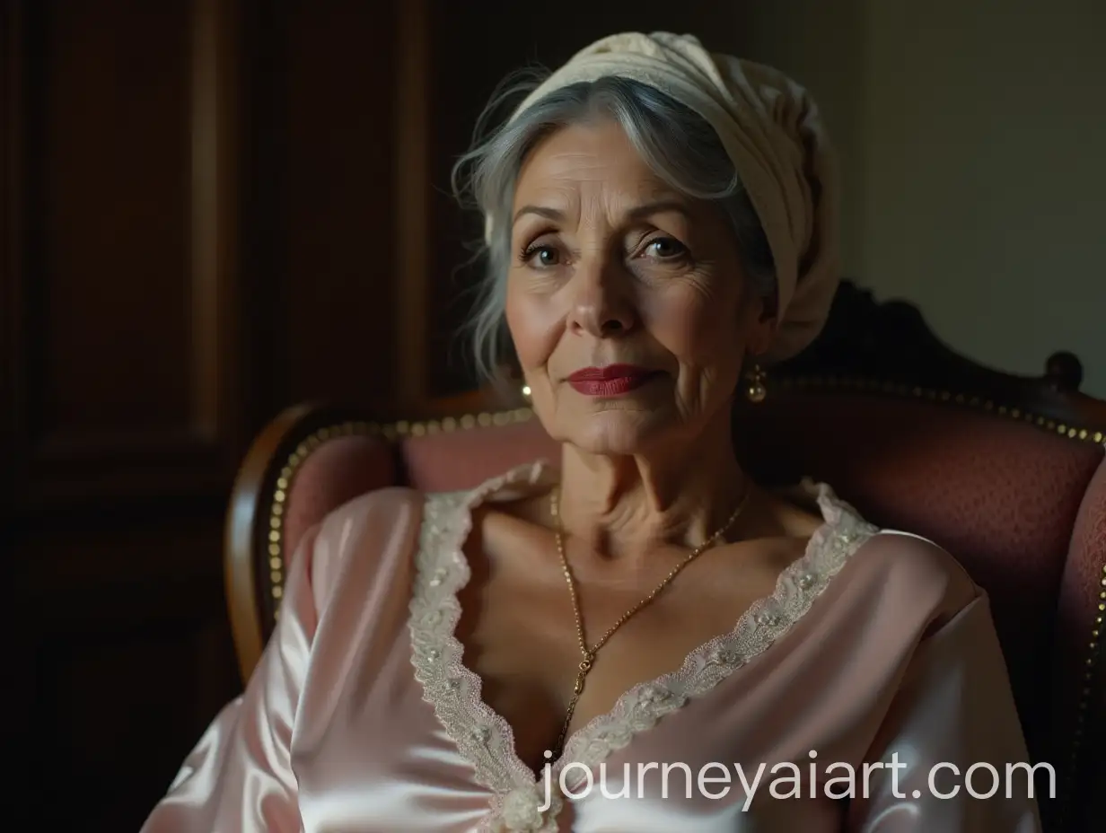 Elegant-68YearOld-Woman-with-Gray-Hair-in-a-Silky-Nightgown-Sitting-in-a-Chair