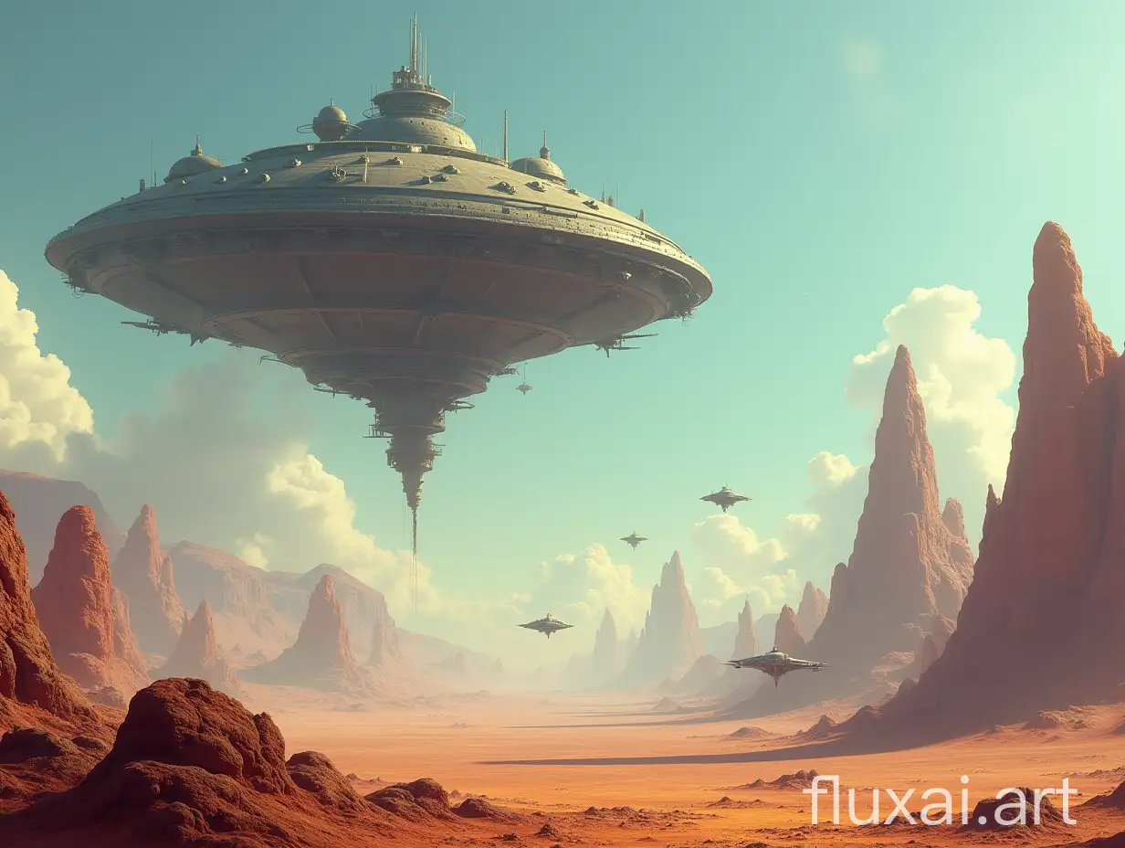 alien planet strange mothership in an escher style and smaller ships landing clear sky with odd shaped mountains in the distance