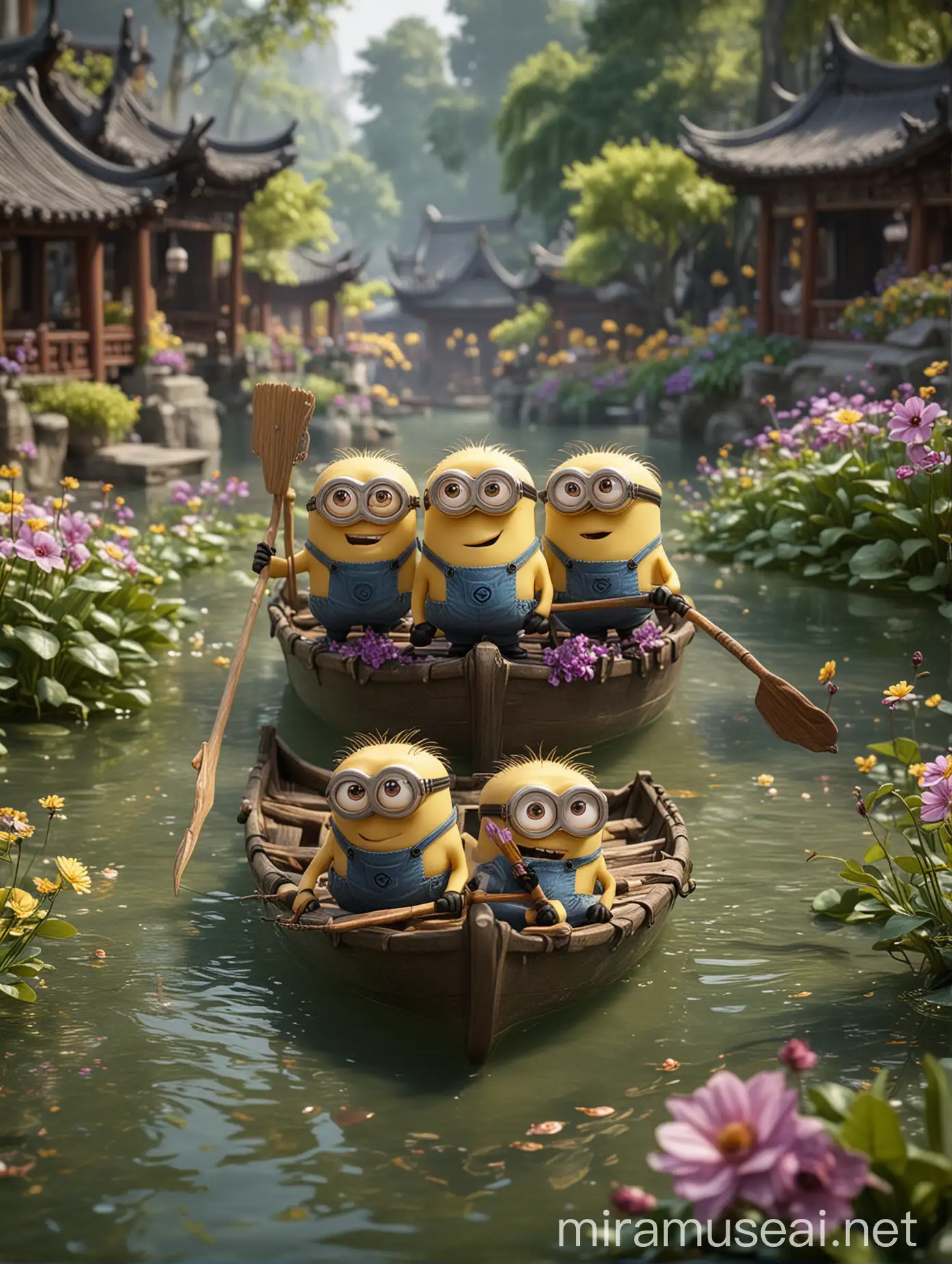 Four Minions Rowing in Yu Garden with Purple Flowers