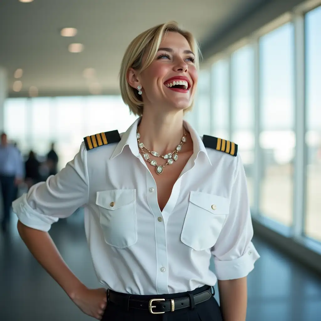 white norvegian pilot lady, in white deep-necked pilot shirt, laughing with her mouth open, red lipstick accentuating her smile,belt on waist, big wide hips, chest are fully grown, jewerly, short hair, HD, enjoying at airport , photo-realism