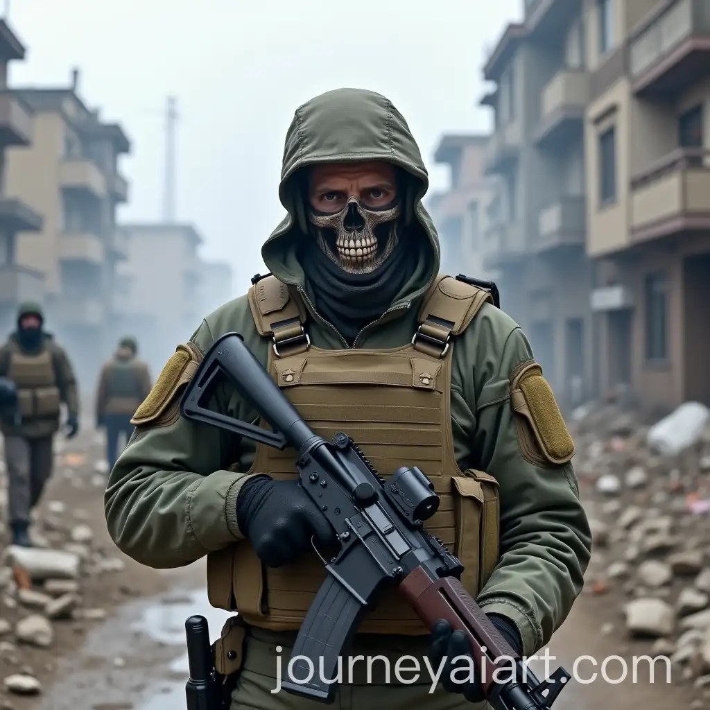 Caucasian-Soldier-in-Bulletproof-Vest-with-Skull-Mask-in-WarTorn-Urban-Environment