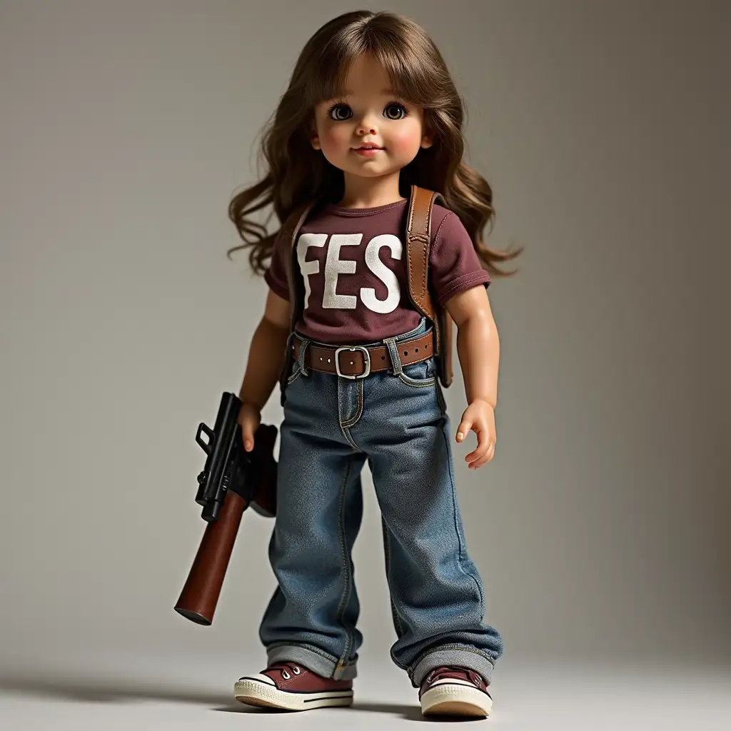 A full-height doll, with a holster, in jeans and a t-shirt with the inscription FES