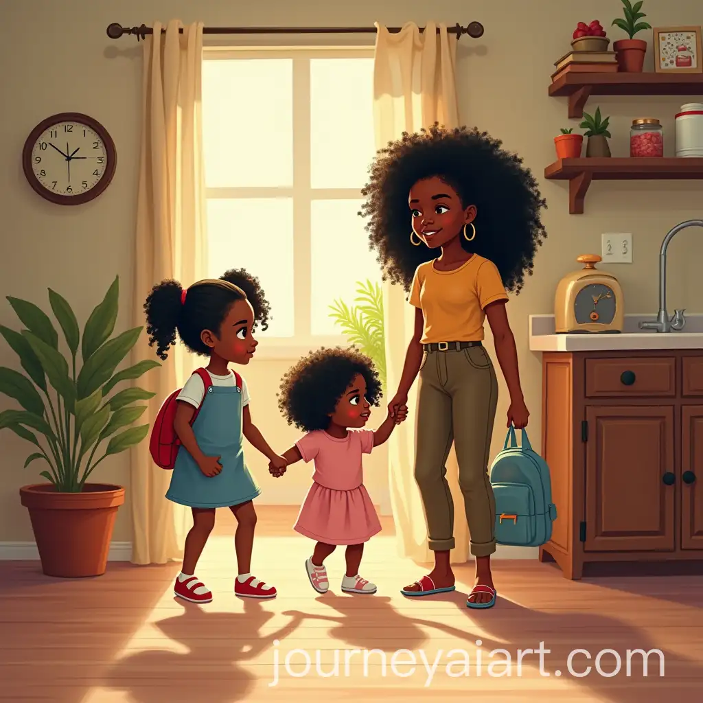 Young-Black-Family-Getting-Ready-for-School-with-Mom-and-Three-Little-Girls