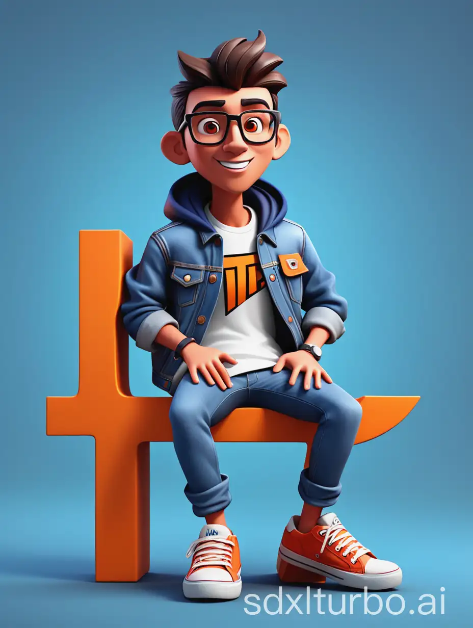 Create a 3D illustration of an animated character sitting casually on top of the Tirang logo, which represents the Tirang advertising graphics company. The character should be dressed in casual modern clothing, like a denim jacket and sneakers. The logo should be prominent, with the character posing in a relaxed, friendly manner that reflects a creative, approachable vibe.