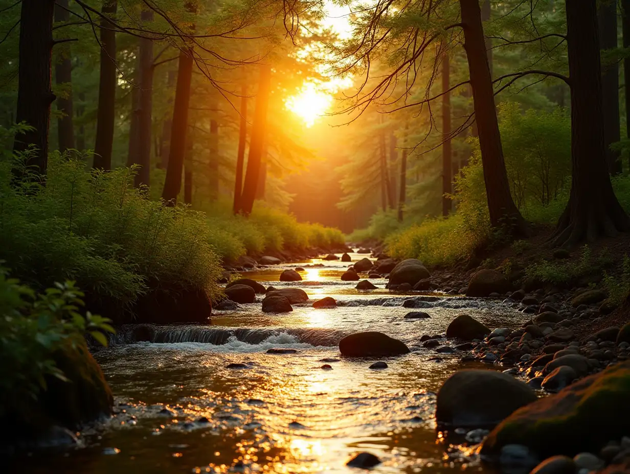 The sun shines on a small clear forest stream with golden yellow light. The rays of the sun break through dense tree branches