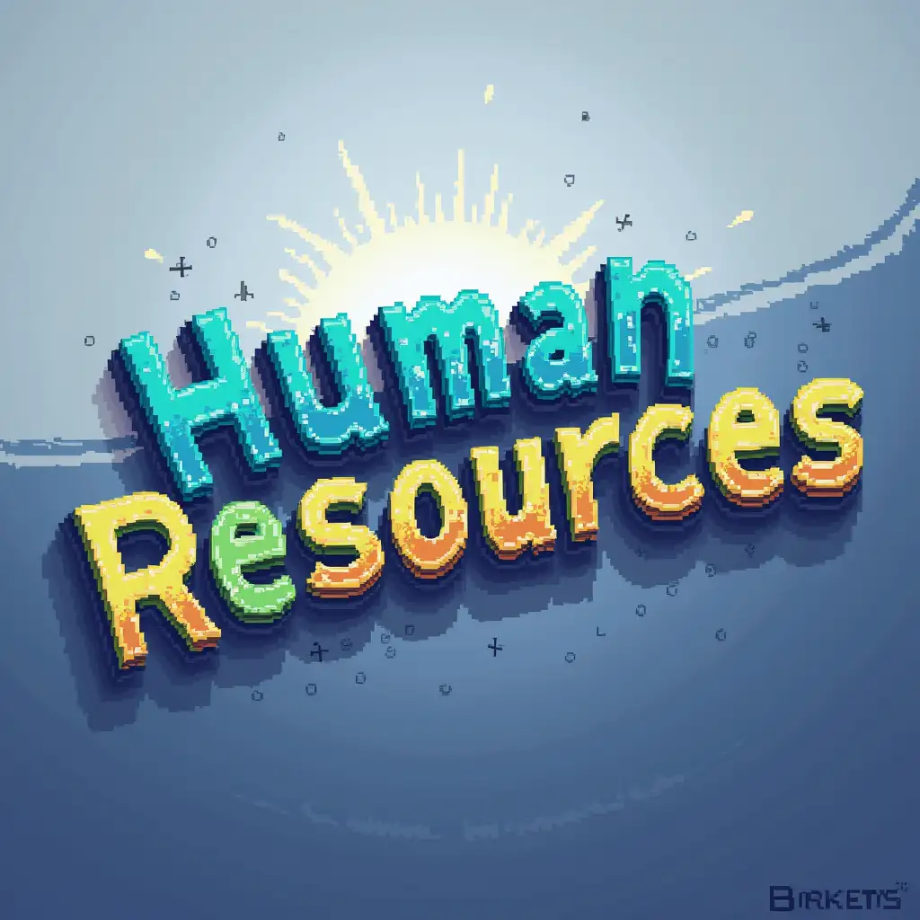 The image features a vibrant stylized pixel art rendering of the text 'Human Resources' centered on a digital canvas. Each letter is crafted with a unique color palette, incorporating shades of blue, green, and orange, creating a lively contrast. The background showcases a subtle gradient transitioning from light gray at the top to deep blue at the bottom, enhancing the text's prominence. The pixels exhibit a slight glow effect, giving a retro video game vibe. The overall atmosphere is playful and energetic, inviting viewers to engage with the art.