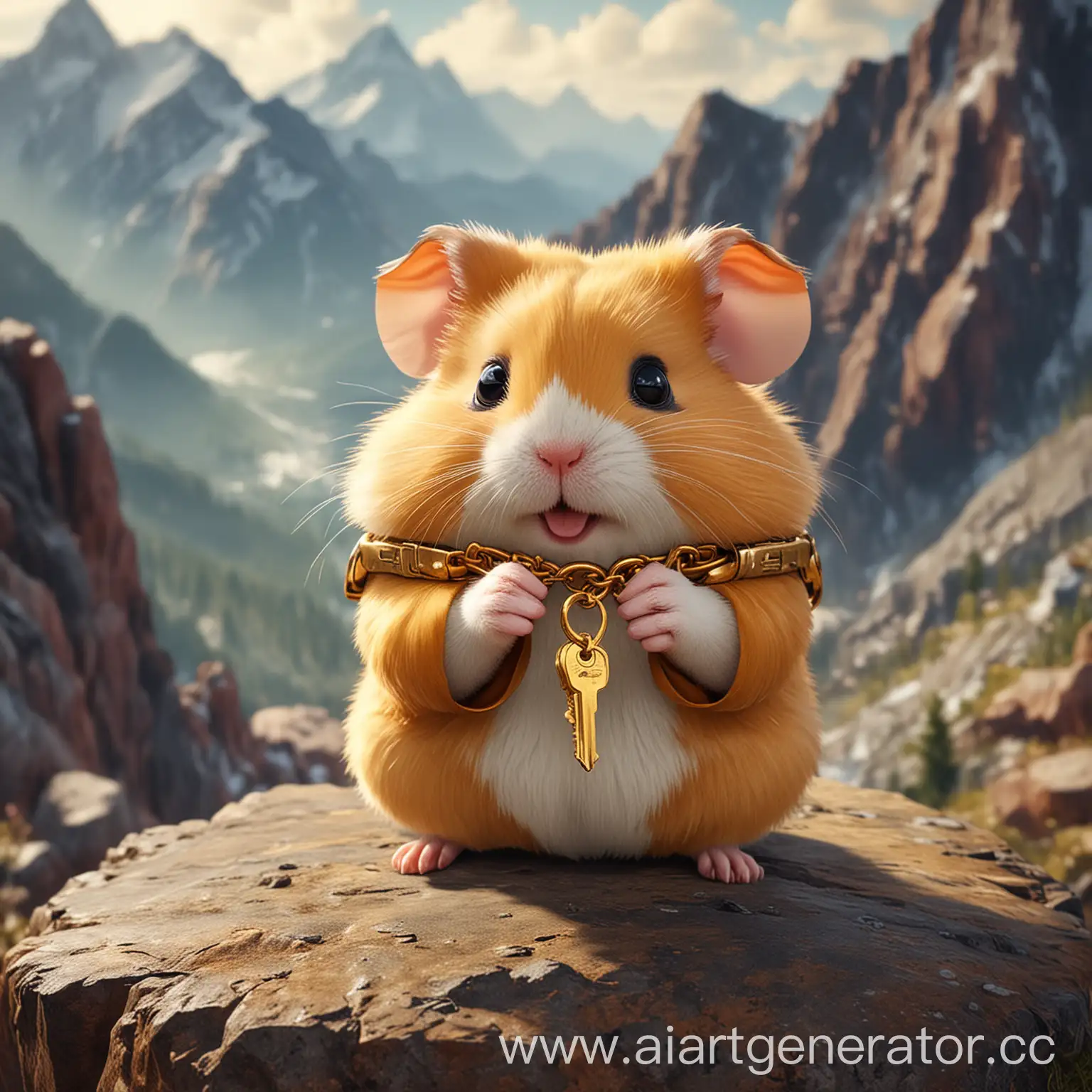 Hamster-Combat-Game-Character-Holding-Golden-Keychains-on-Mountain