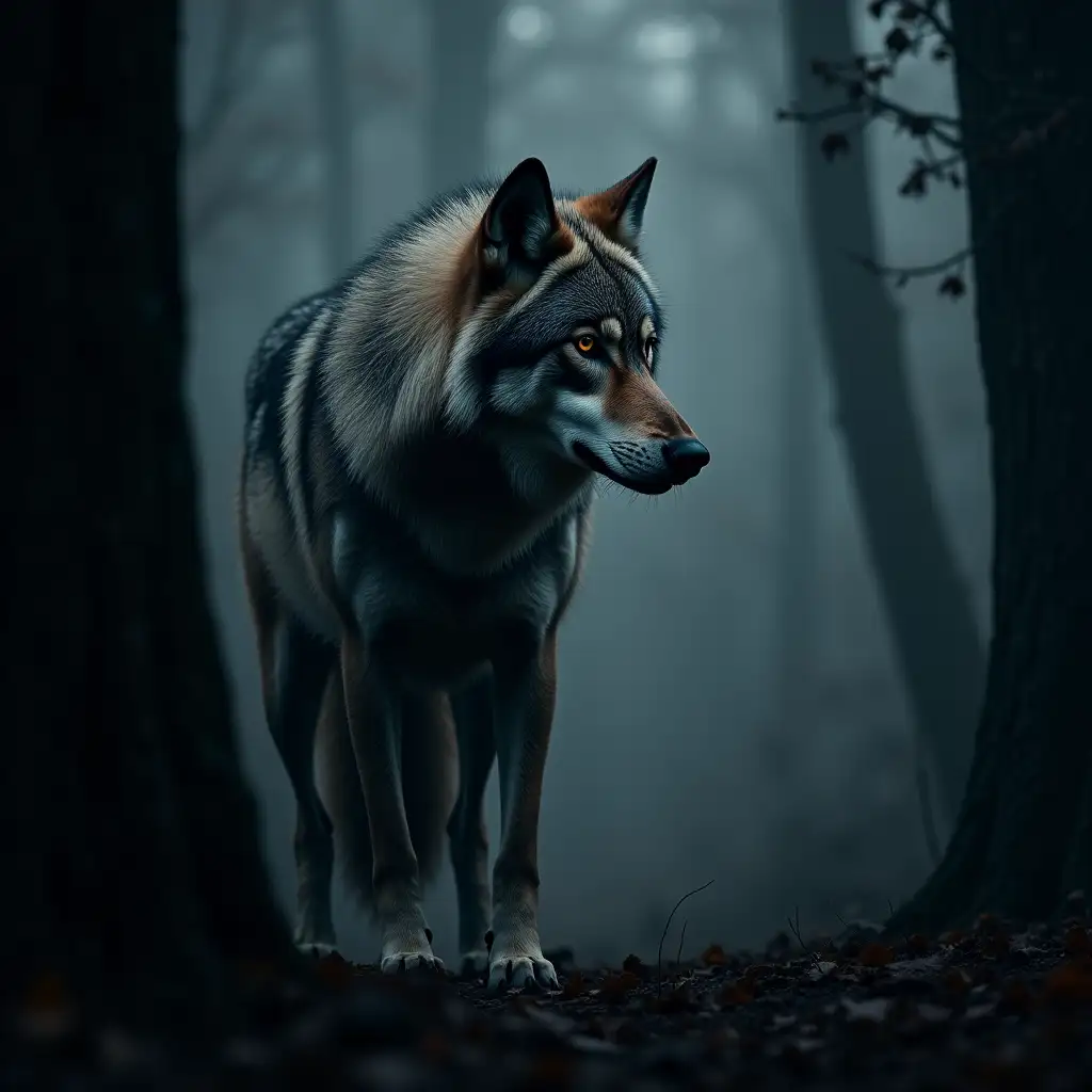 Mystical Wolf in Dark Forest Album Cover Art