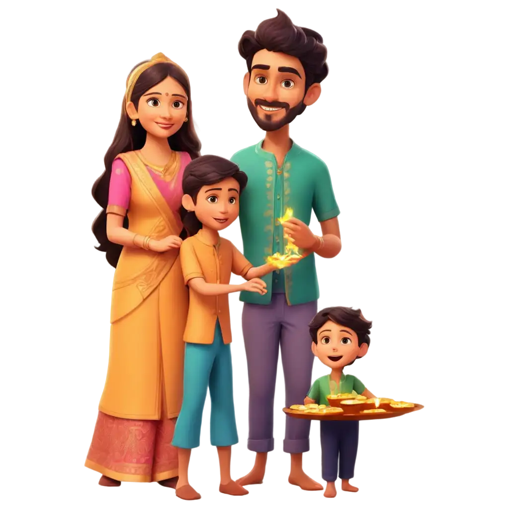 Vibrant-Animated-Indian-Family-Celebrating-Diwali-PNG-Format