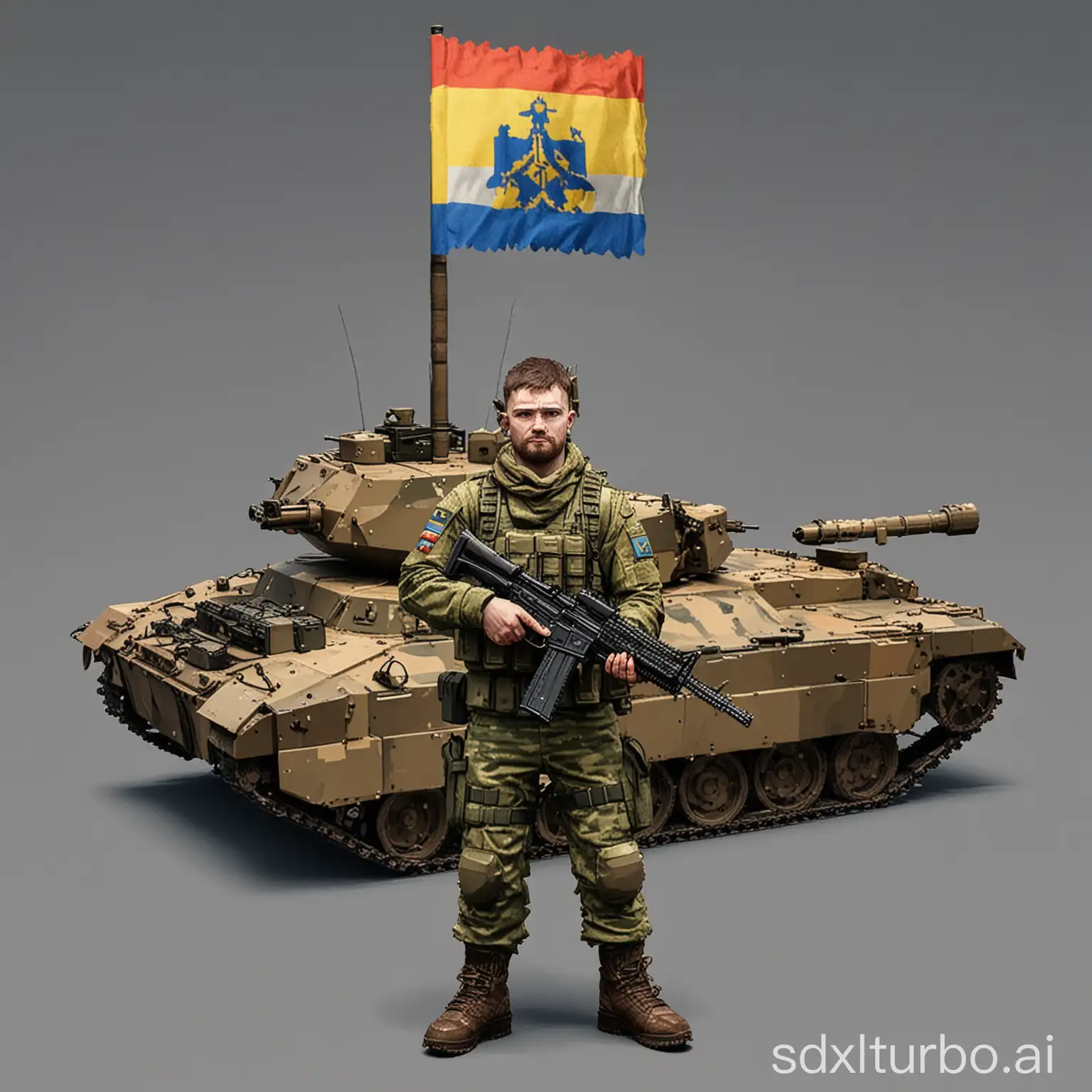 A military man in pixel form with ak 12 near a tank and a small Ukrainian flag