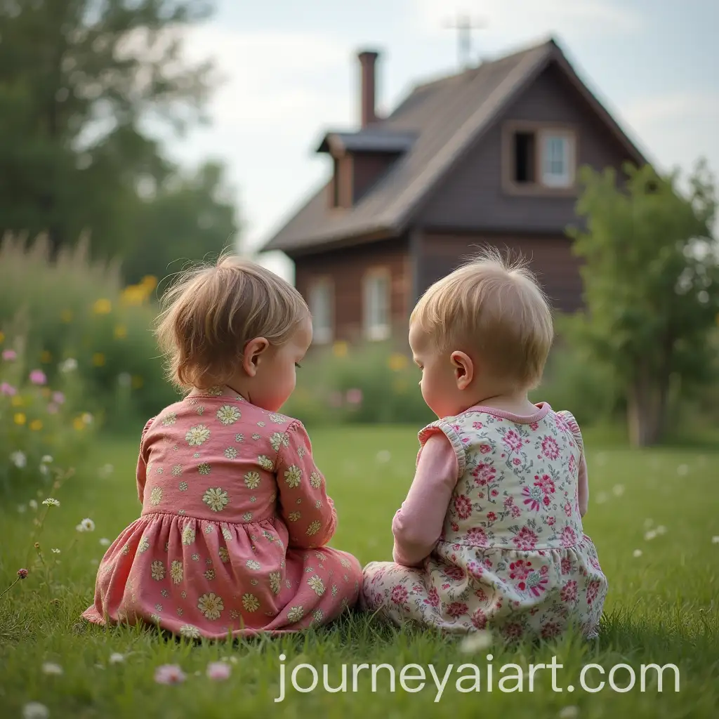 Two-Kids-Sitting-in-a-Garden-with-a-Ukrainian-Village-Backdrop