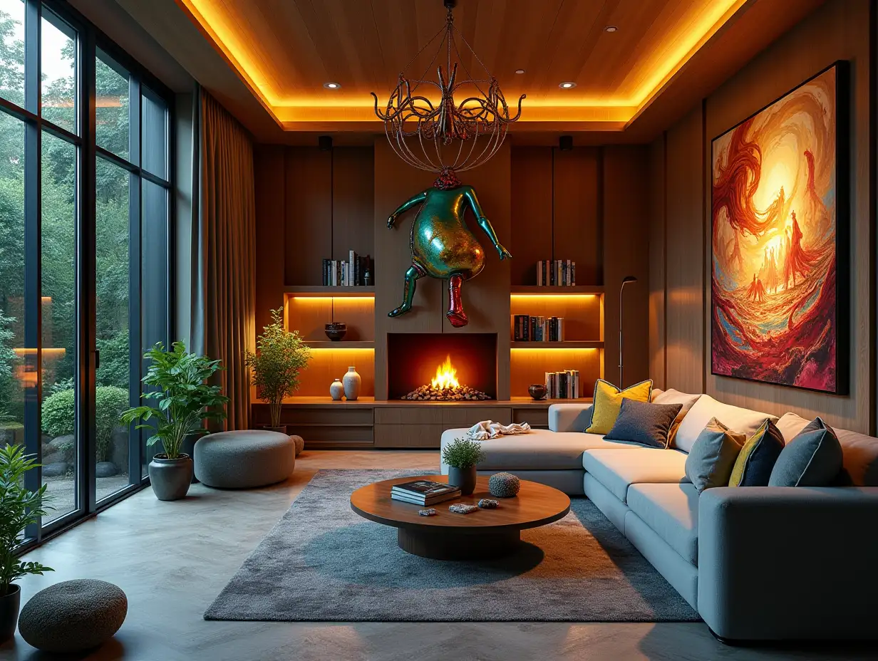 Large modern living room with colorful metal statue of Pinocchio lighting, with furniture with plants and Attack on Titan image on the wall Zen-Garden with carefully tended rocks, a meditative 180 degrees shot 8K resolution Vibrant