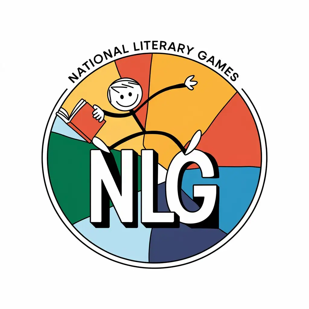 Design a contemporary circle style logo for National Literary Games depicting stick-figure-inspired youth in dynamic poses, interacting with large-scale 3D letters. The figures should be simplified to basic shapes, suggesting movement and cooperation. Use playful but professional colors (maximum 4) that pop against a white background. Typography for title:NLG Subtitle: 'National Literary Games' should be structured and authoritative. Overall composition must work in both color and monochrome.