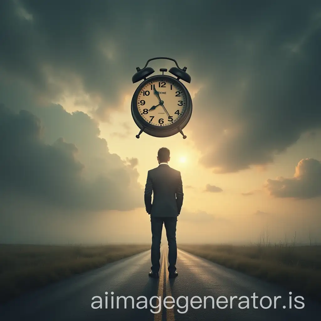 Man-at-Crossroads-with-Vintage-Clock-Symbolizing-TimeAI-Image-Prompt-Expansion-and-Uncertainty