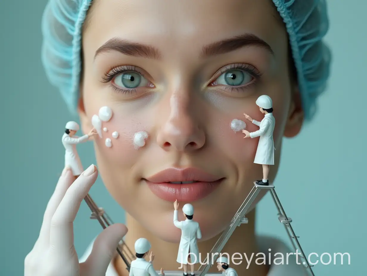 CloseUp-of-a-Beautiful-Woman-with-Small-Female-Workers-Performing-Facial-Treatment