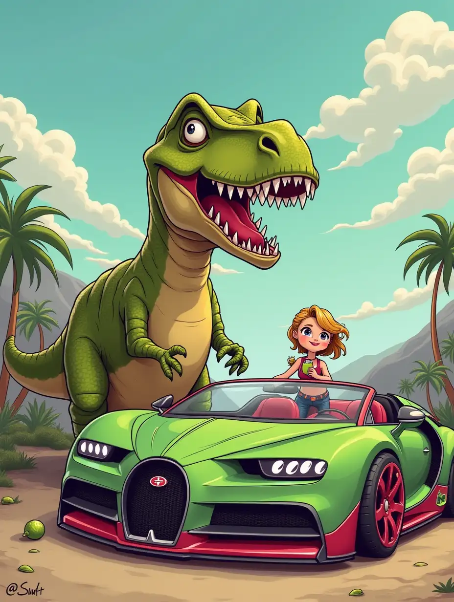 Crazy dinosaur with a girl and a Bugatti with a lemonade