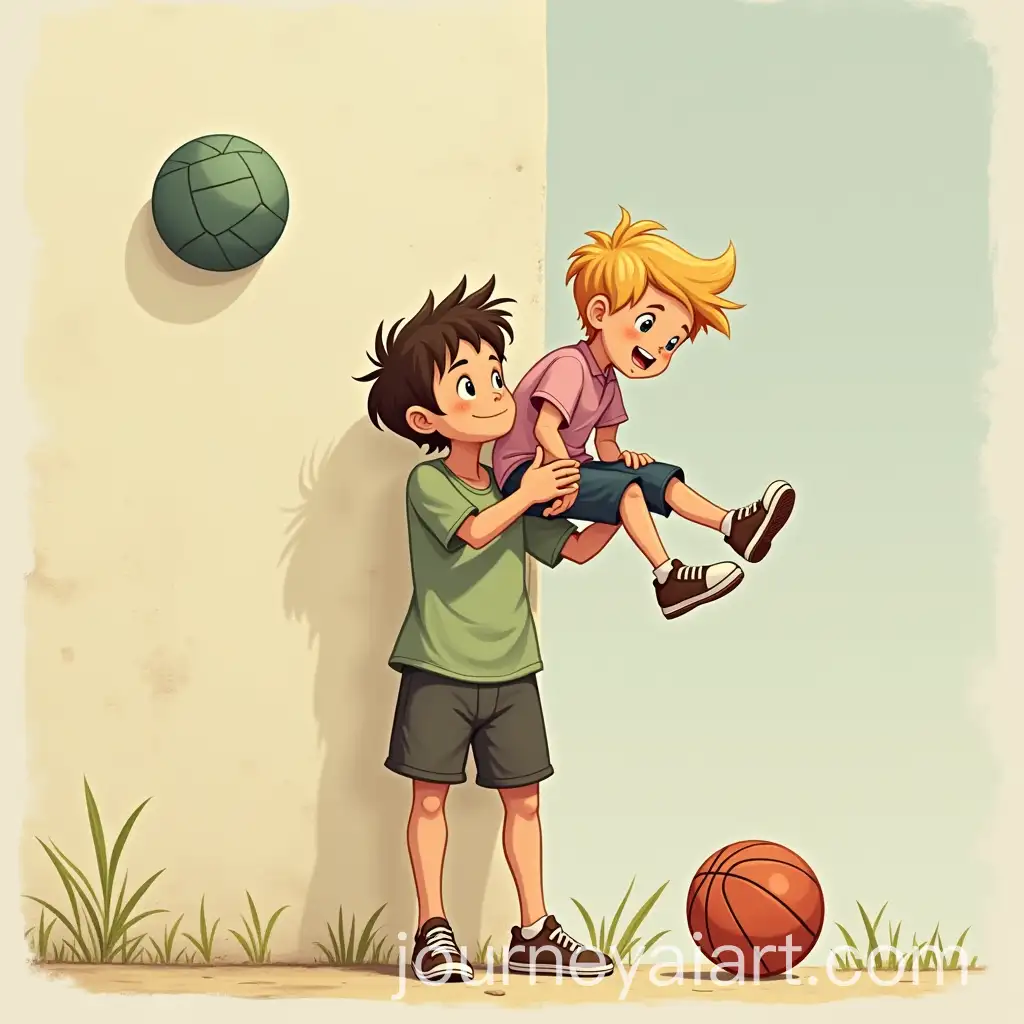 Boy-and-Teacher-in-Summer-Clothing-Reaching-for-Ball-on-Wall