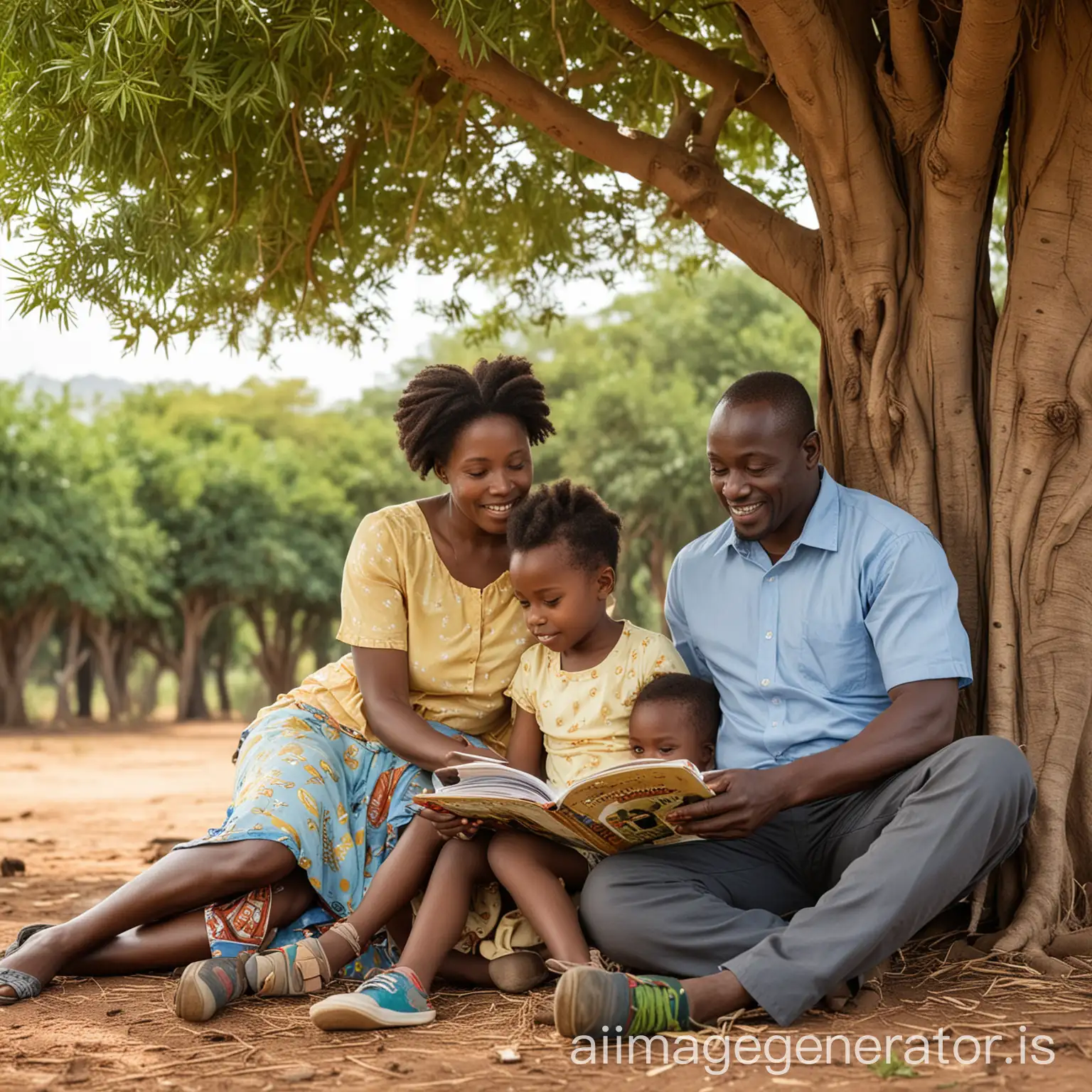 An african family, father, mother and 6-year old child, sitting under tree reading