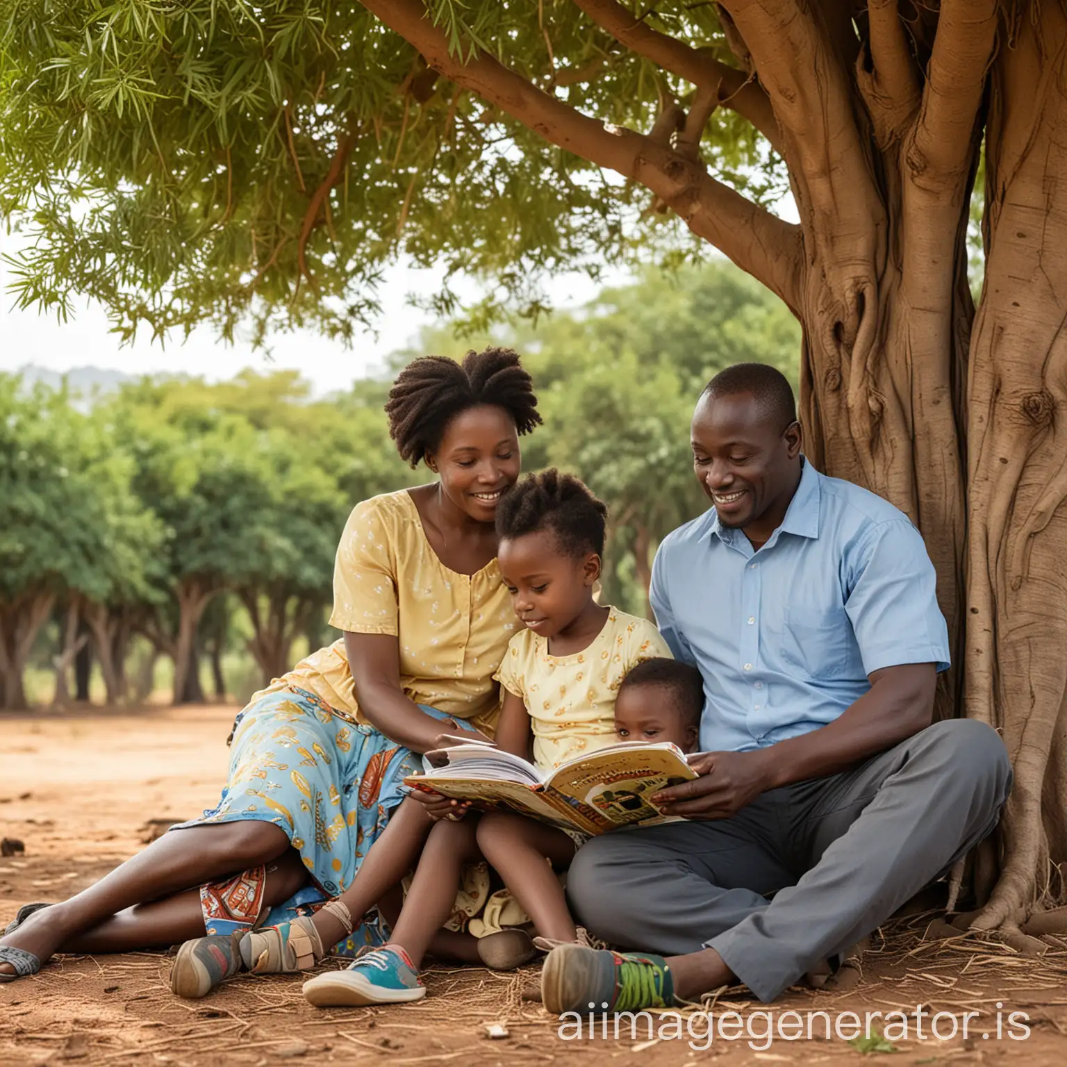 African-Family-Sitting-Under-Tree-Reading-Together