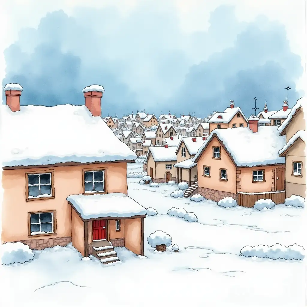 Childlike-Watercolor-Cityscape-with-SnowCovered-Houses
